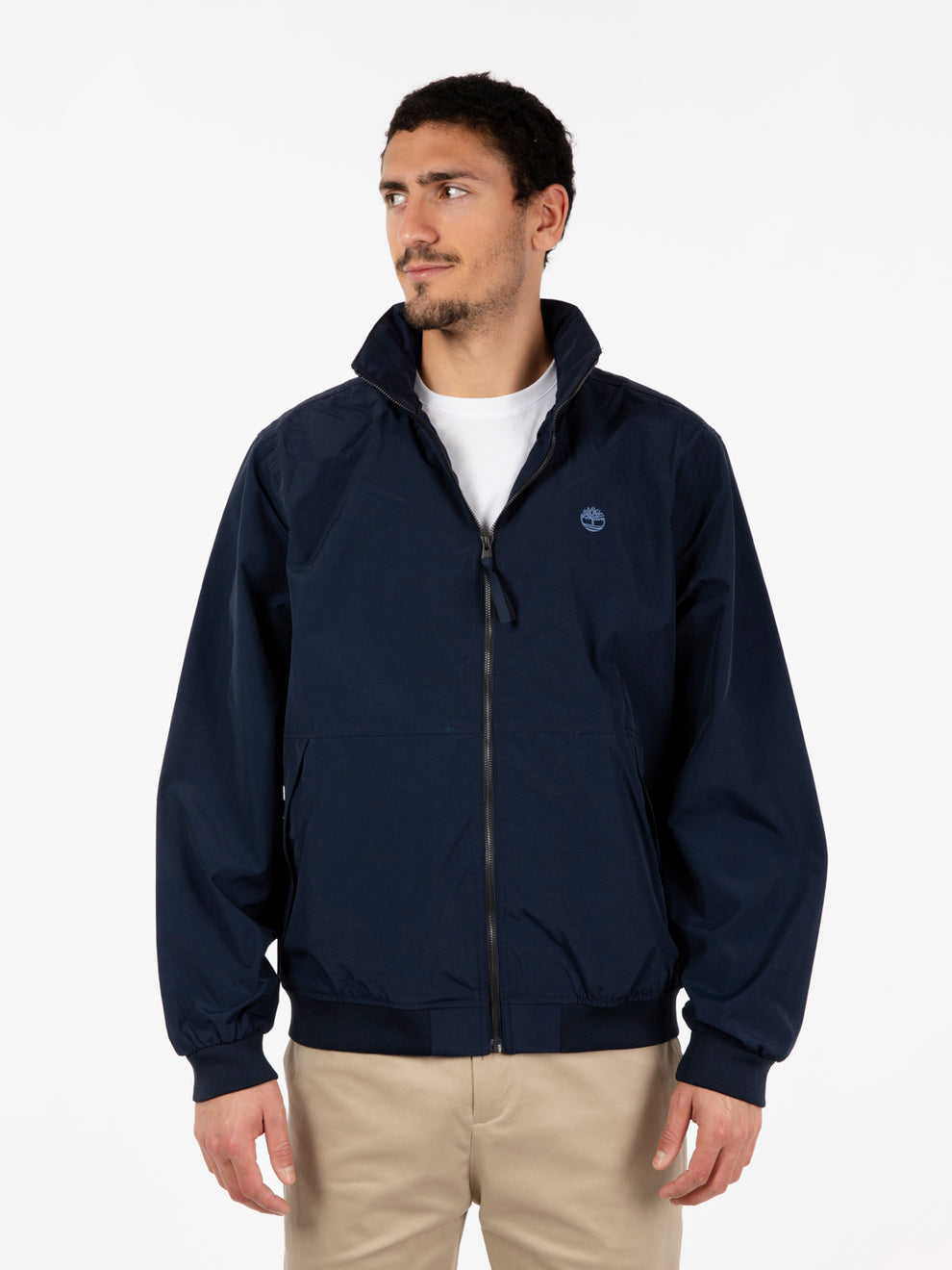 Water resistant dark sapphire bomber jacket
