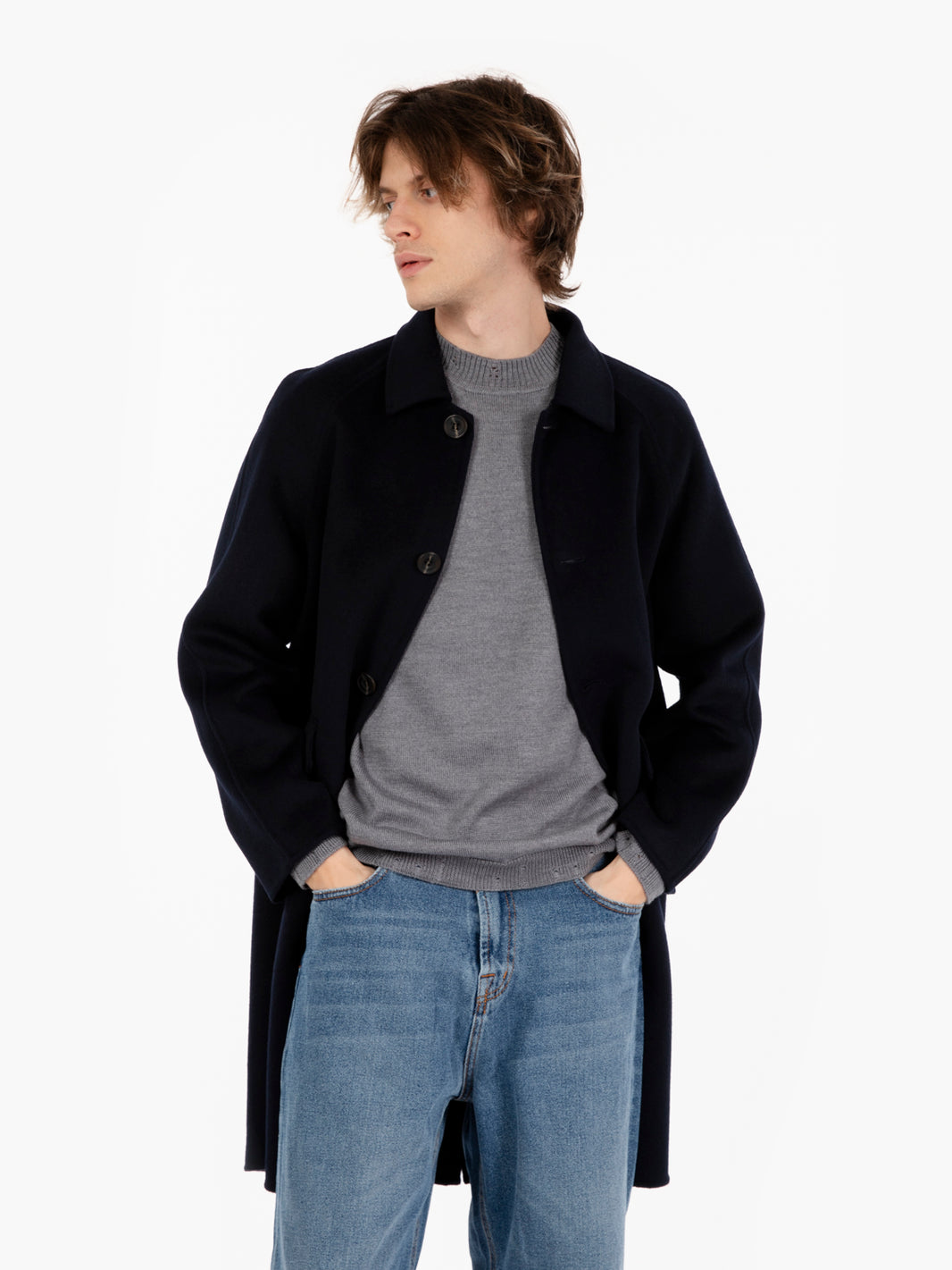 Single breasted long navy coat