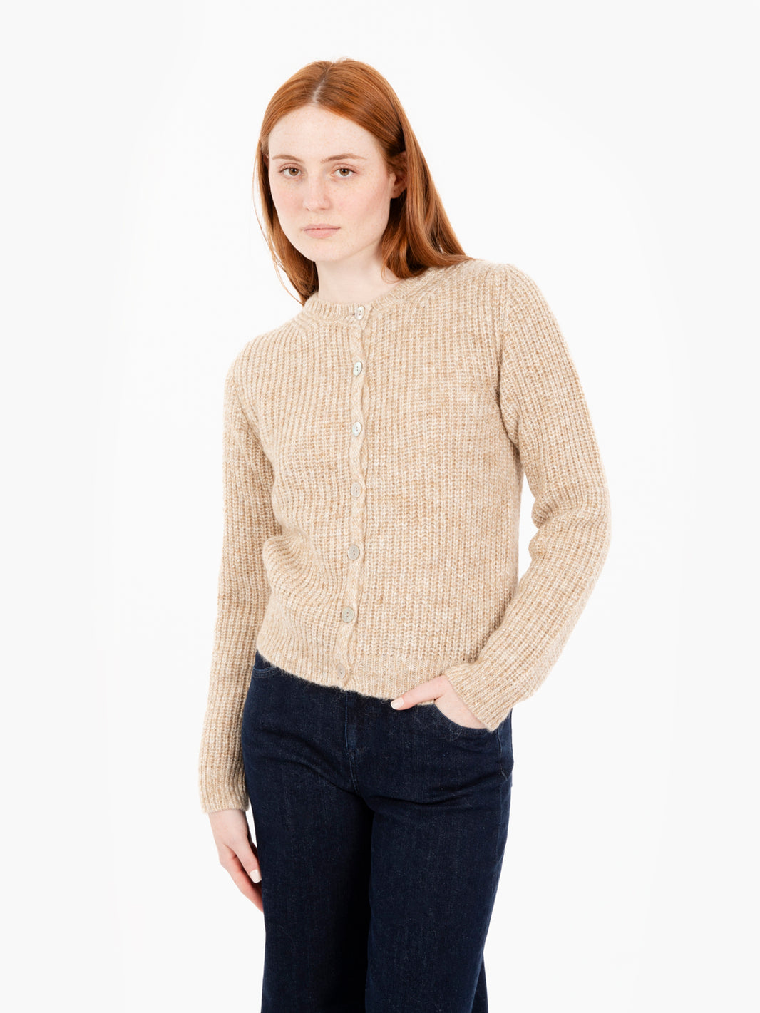 Beige lurex round neck cardigan