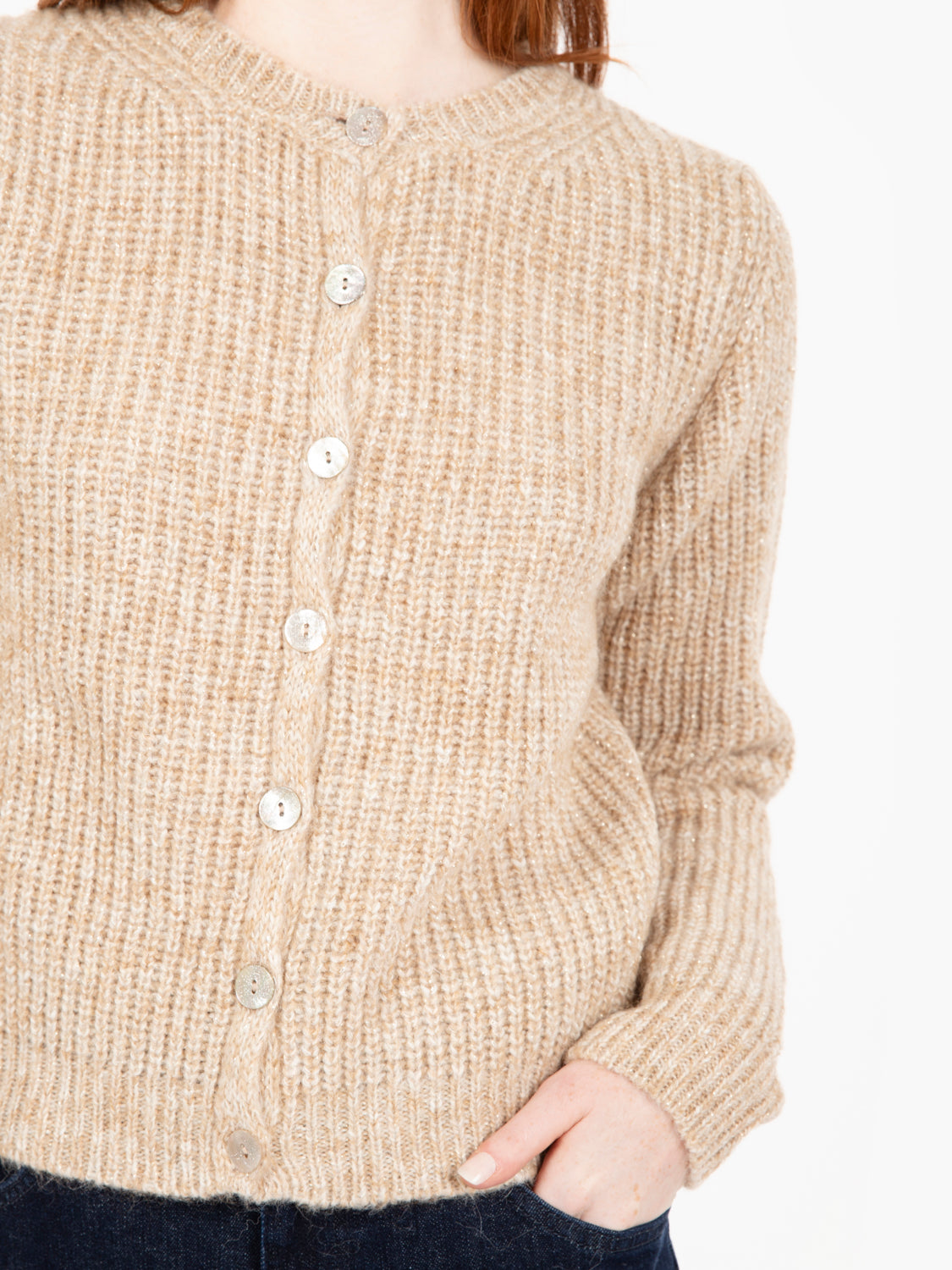 Beige lurex round neck cardigan