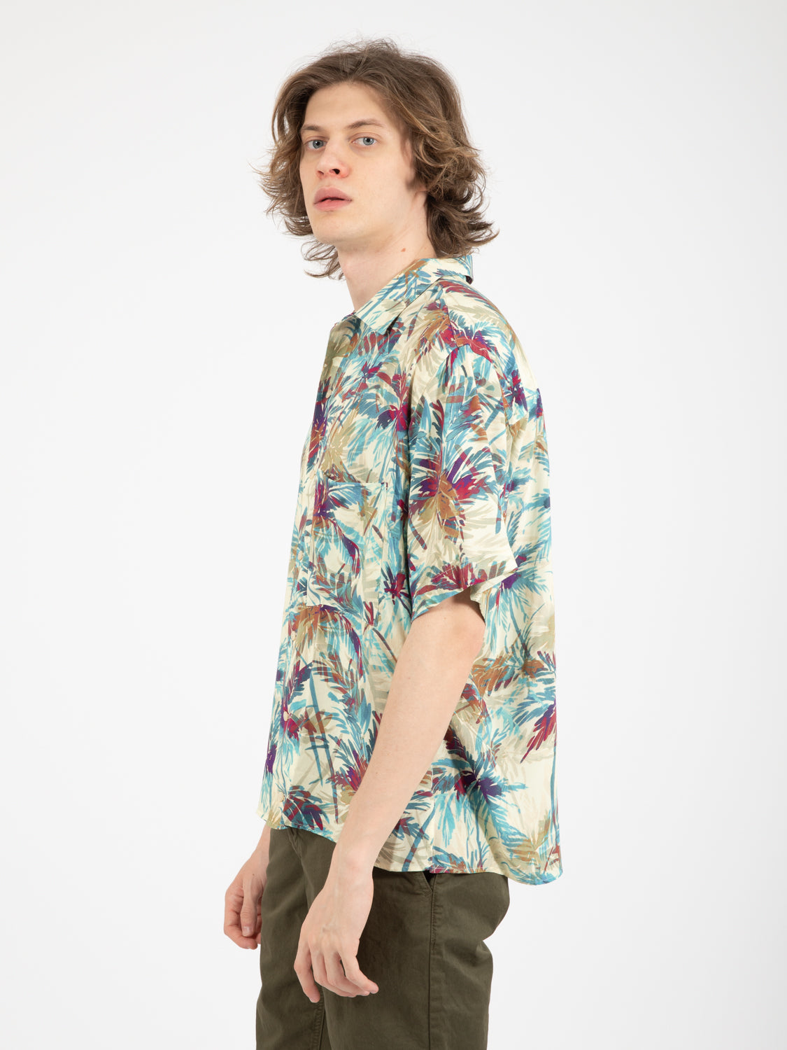 Camicia over viscosa fantasia palme multicolor