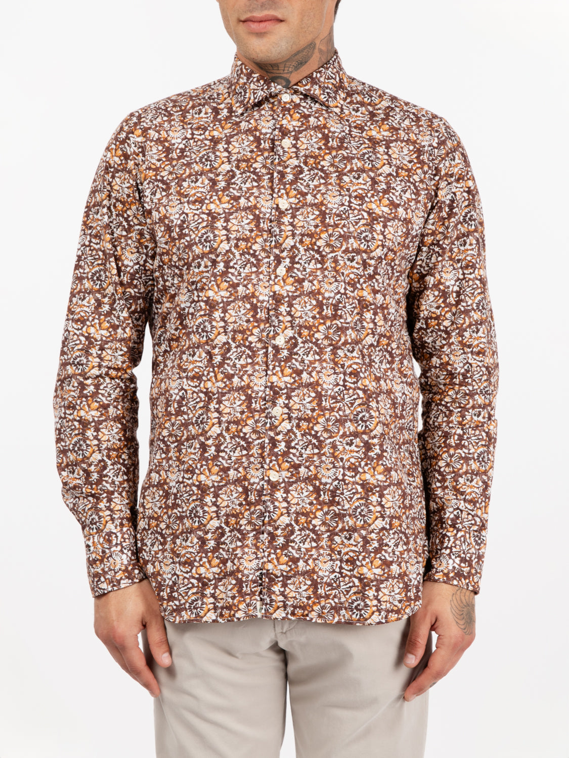 Camicia stampa floreale marrone / arancio