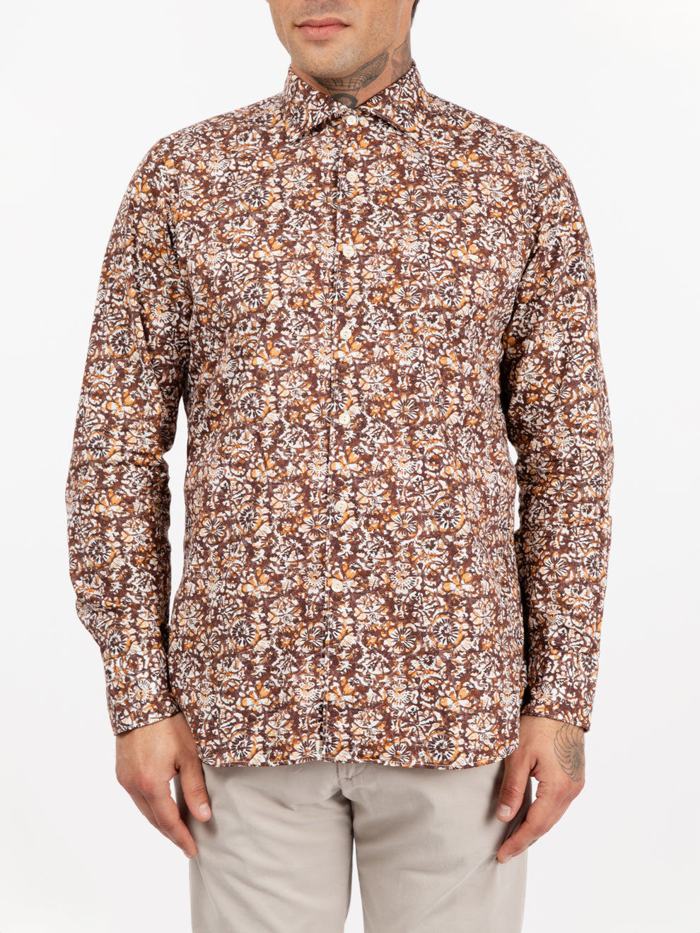 Camicia stampa floreale marrone / arancio