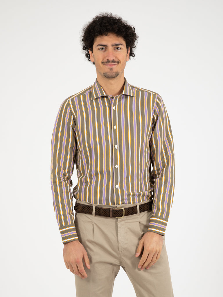 TINTORIA MATTEI 954 - Camicia verde righe lilla / bianco / ocra