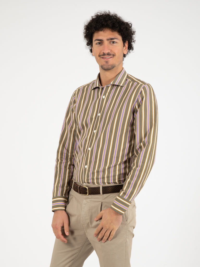 TINTORIA MATTEI 954 - Camicia verde righe lilla / bianco / ocra
