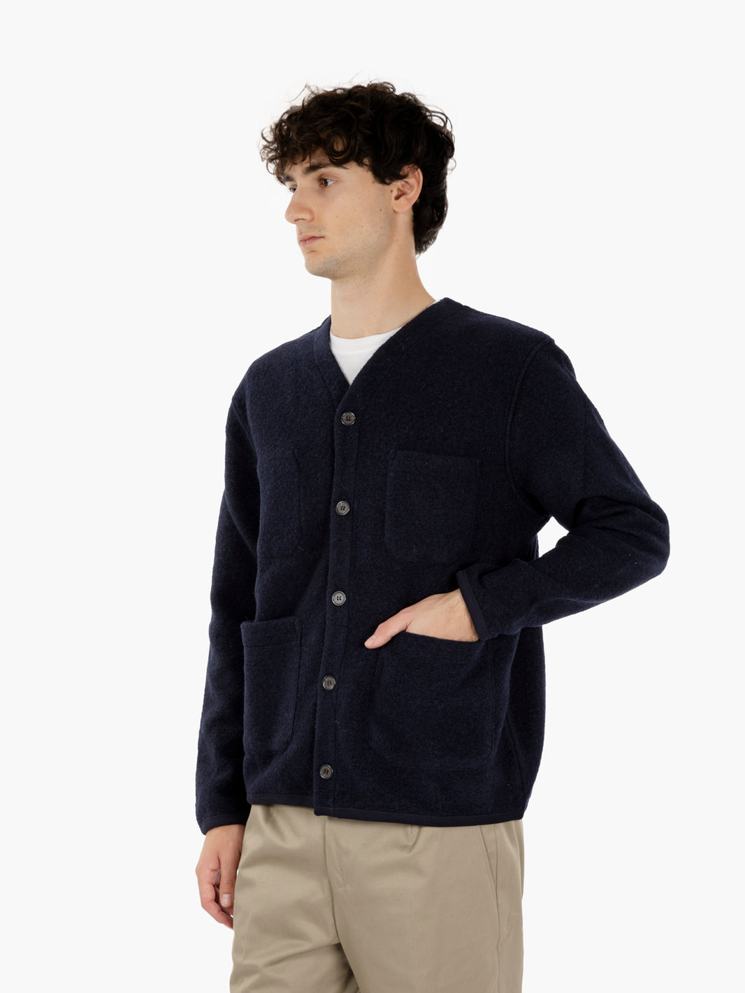 Navy Wool Fleece Cardigan
