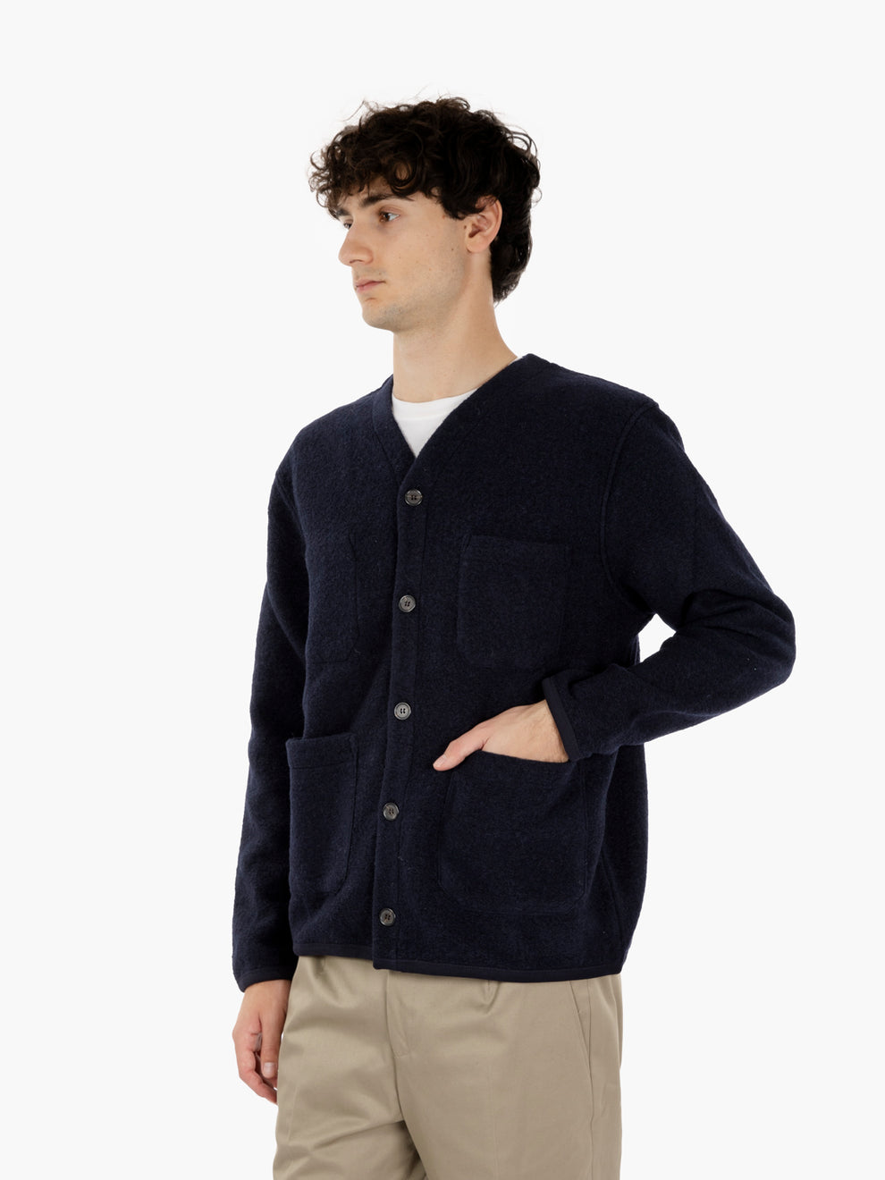 Navy Wool Fleece Cardigan