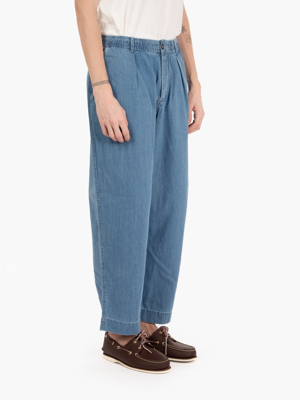 Indigo washed Oxford trousers
