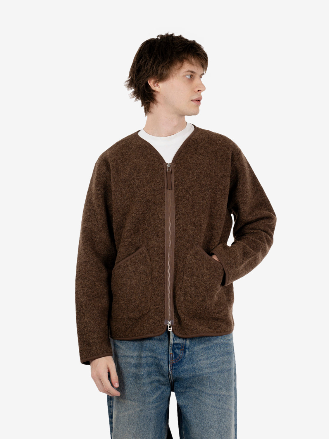 Zip liner wool fleece jacket brown