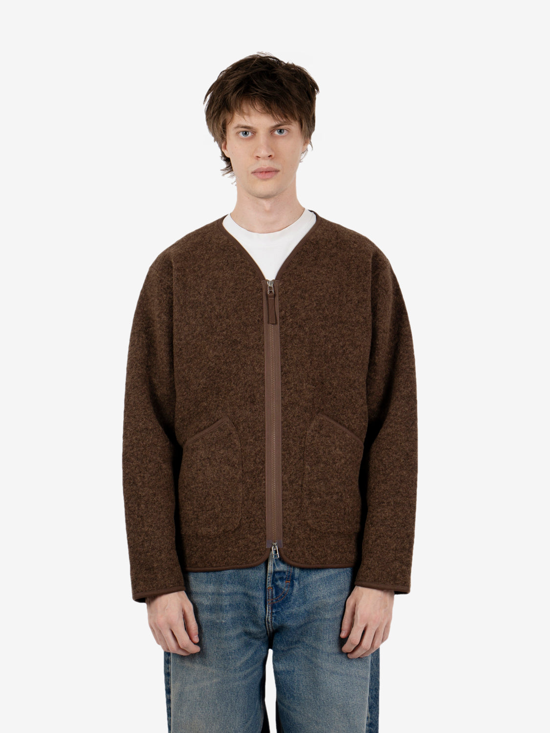 Zip liner wool fleece jacket brown