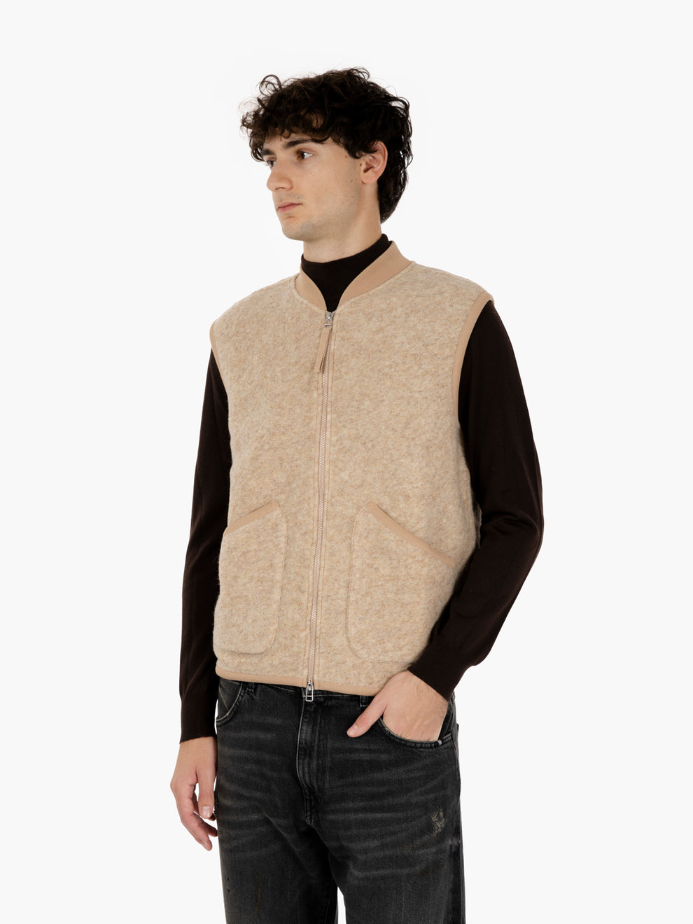 Zip Waistcoat wool fleece fawn
