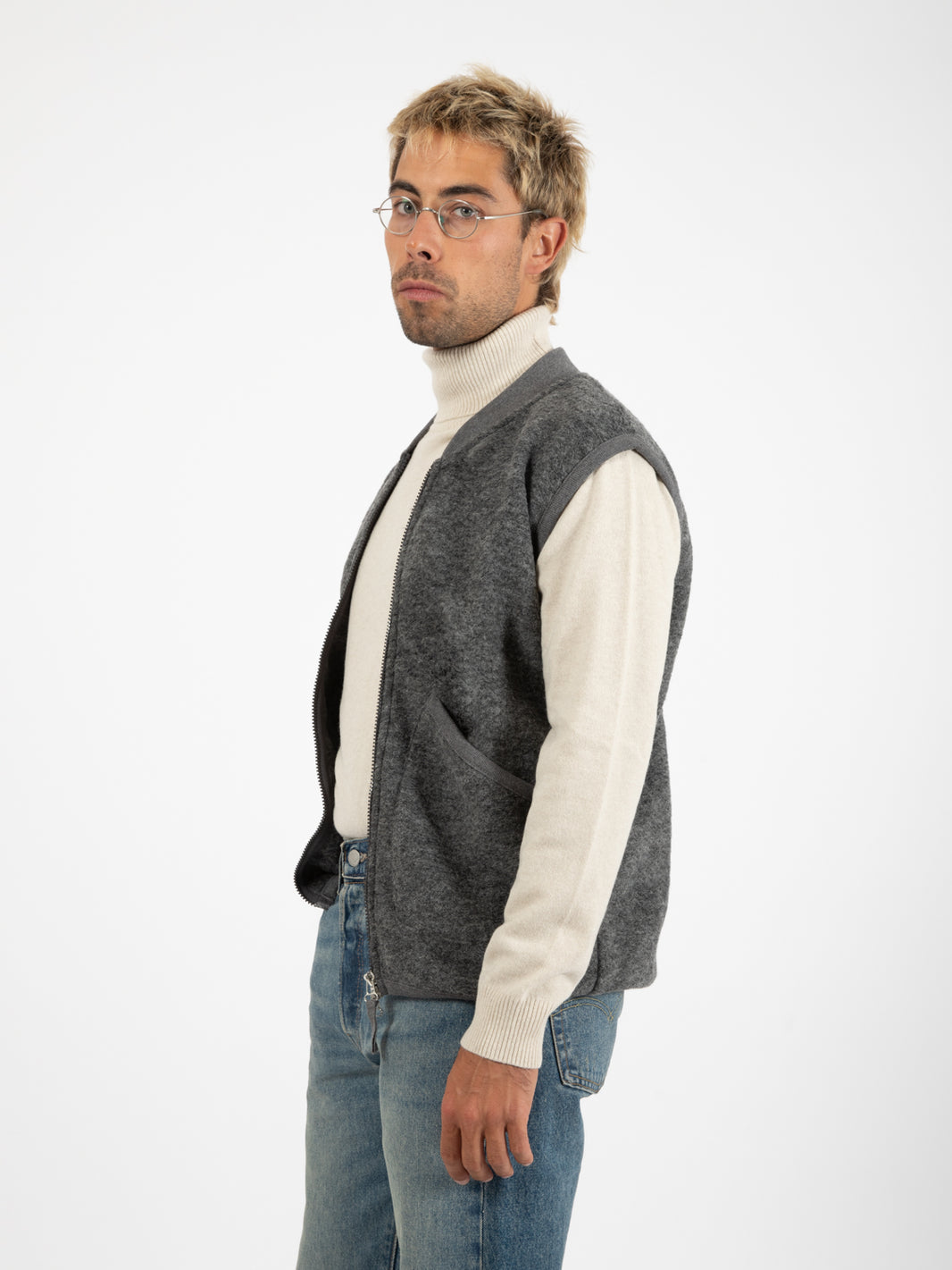 Zip waistcoat wool fleece grey marl