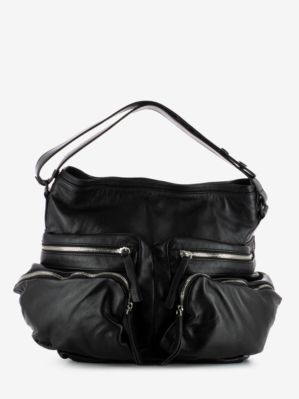 Borsa a spalla con tasche esterne in pelle nera