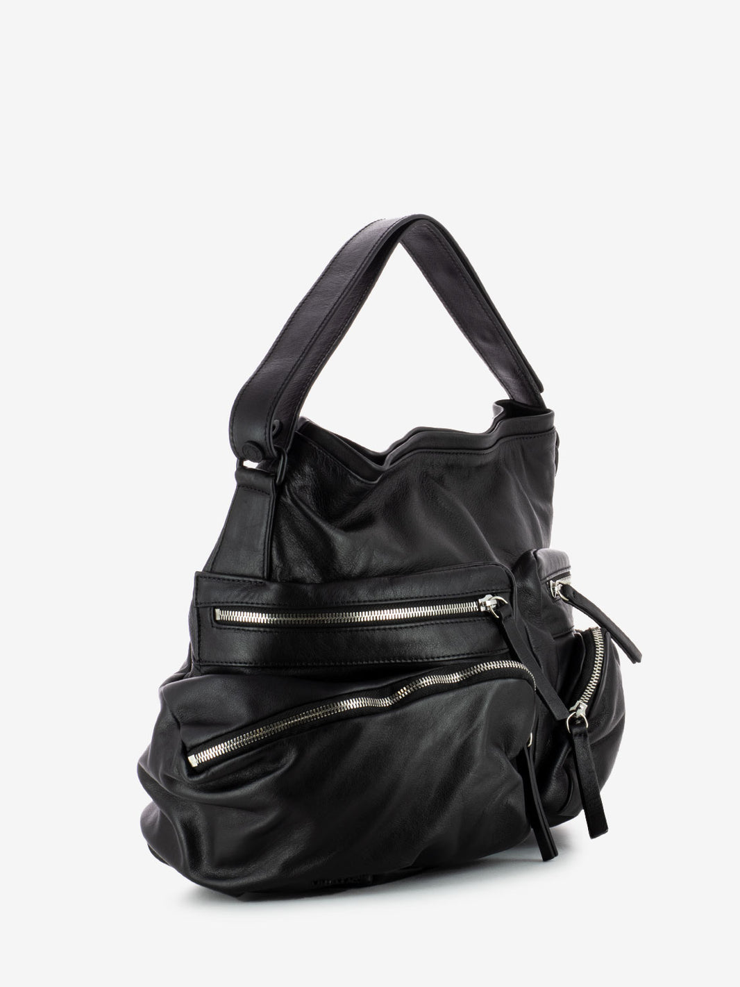Borsa a spalla con tasche esterne in pelle nera