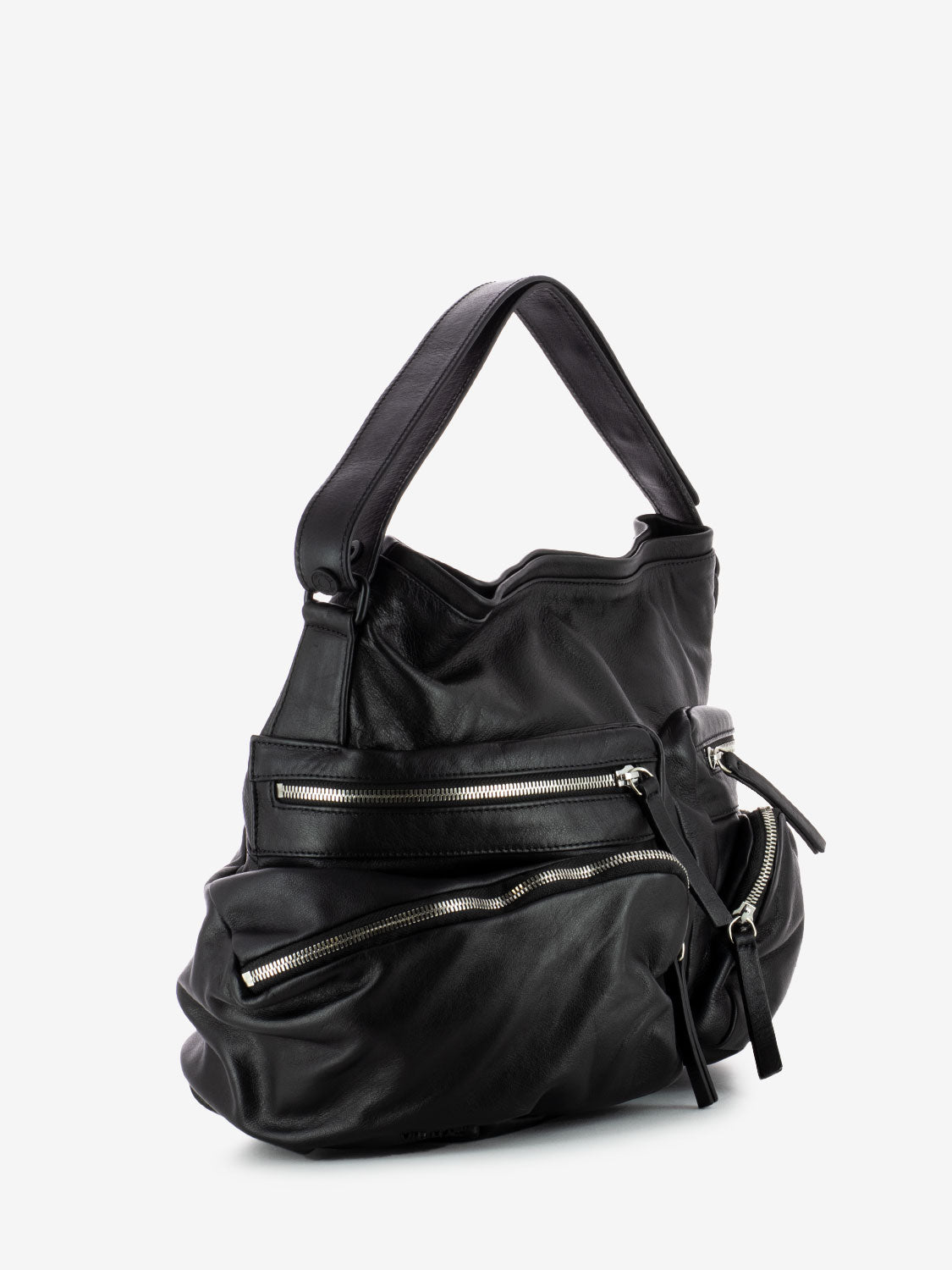 Borsa a spalla con tasche esterne in pelle nera