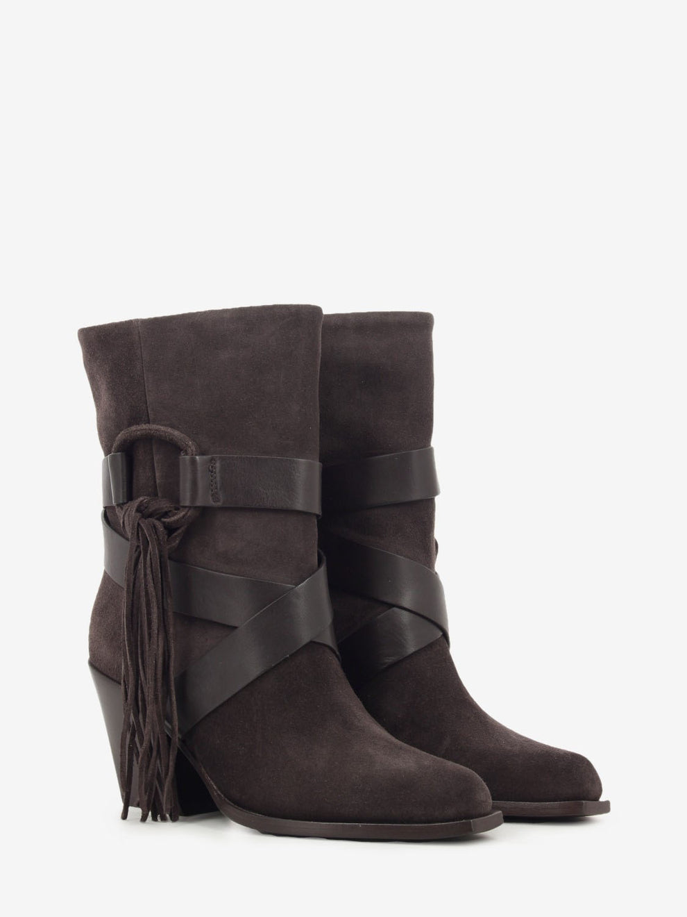 Texano in suede con frange testa di moro