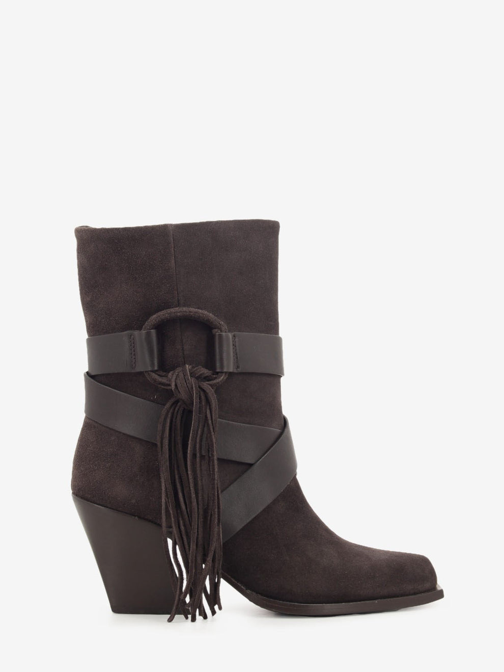 Texano in suede con frange testa di moro