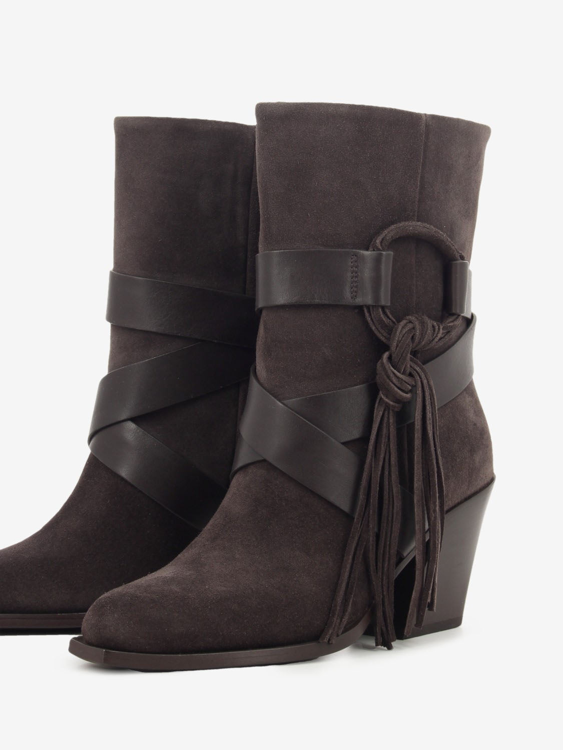 Texano in suede con frange testa di moro