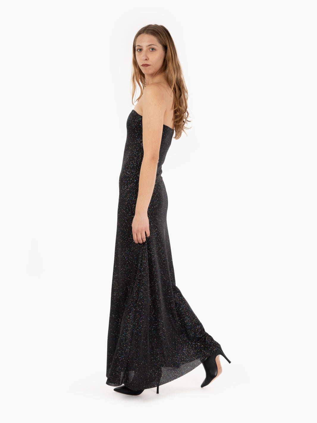 Abito lungo a fascia con strass nero