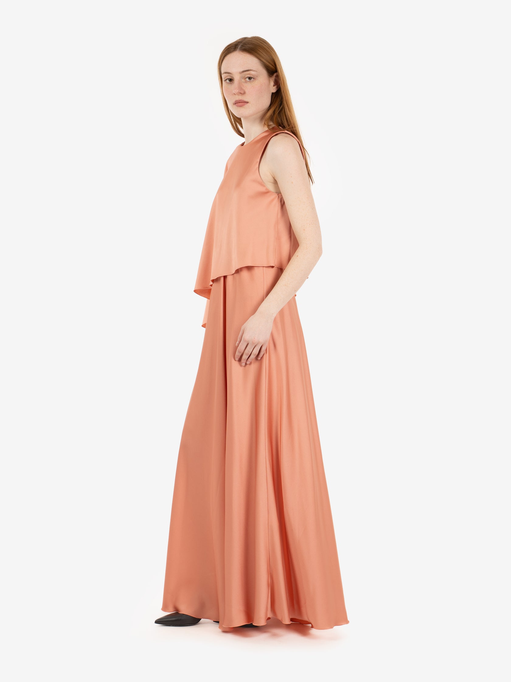 Long powder pink satin dress