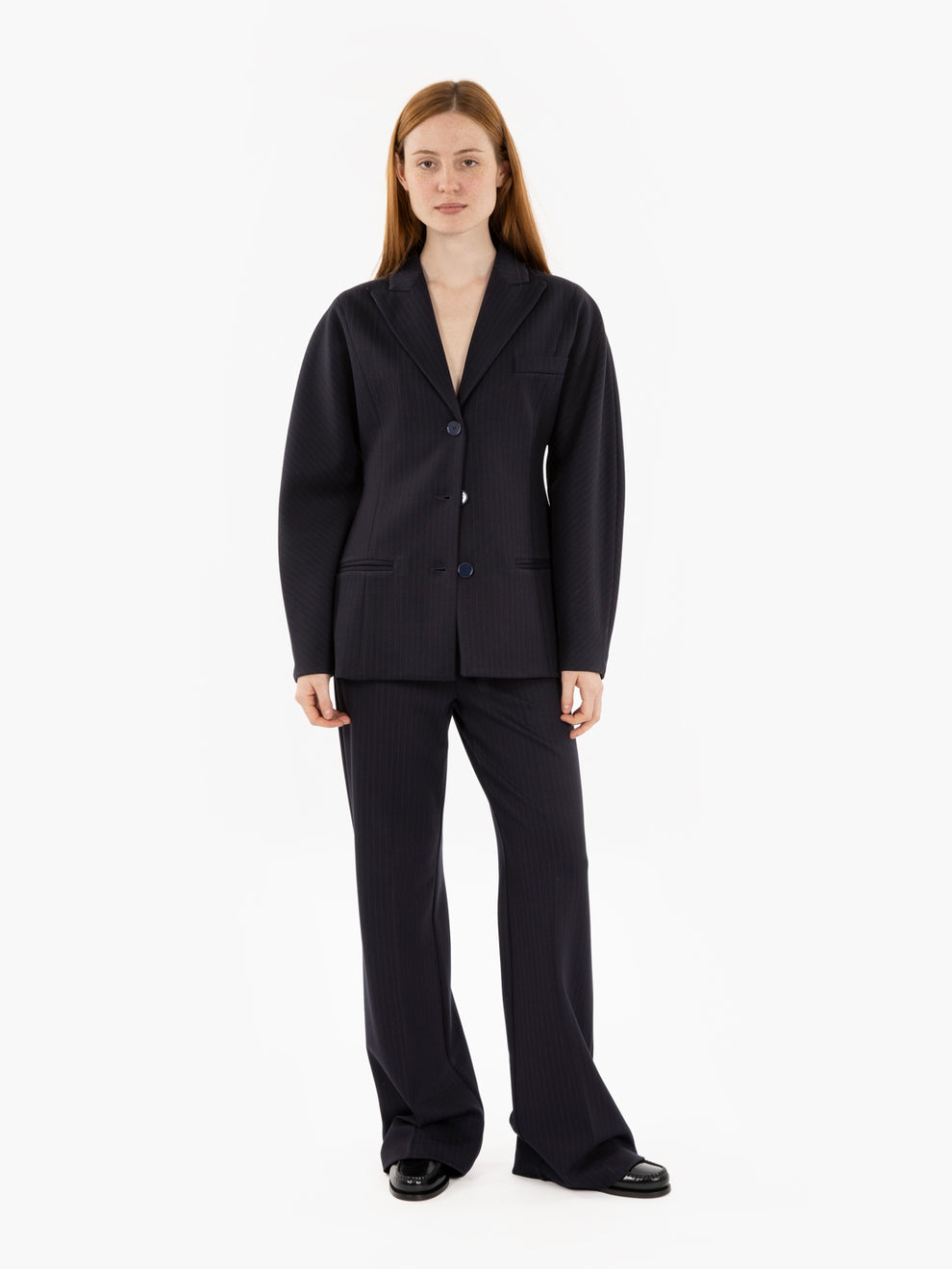 Blue pinstriped single-breasted blazer
