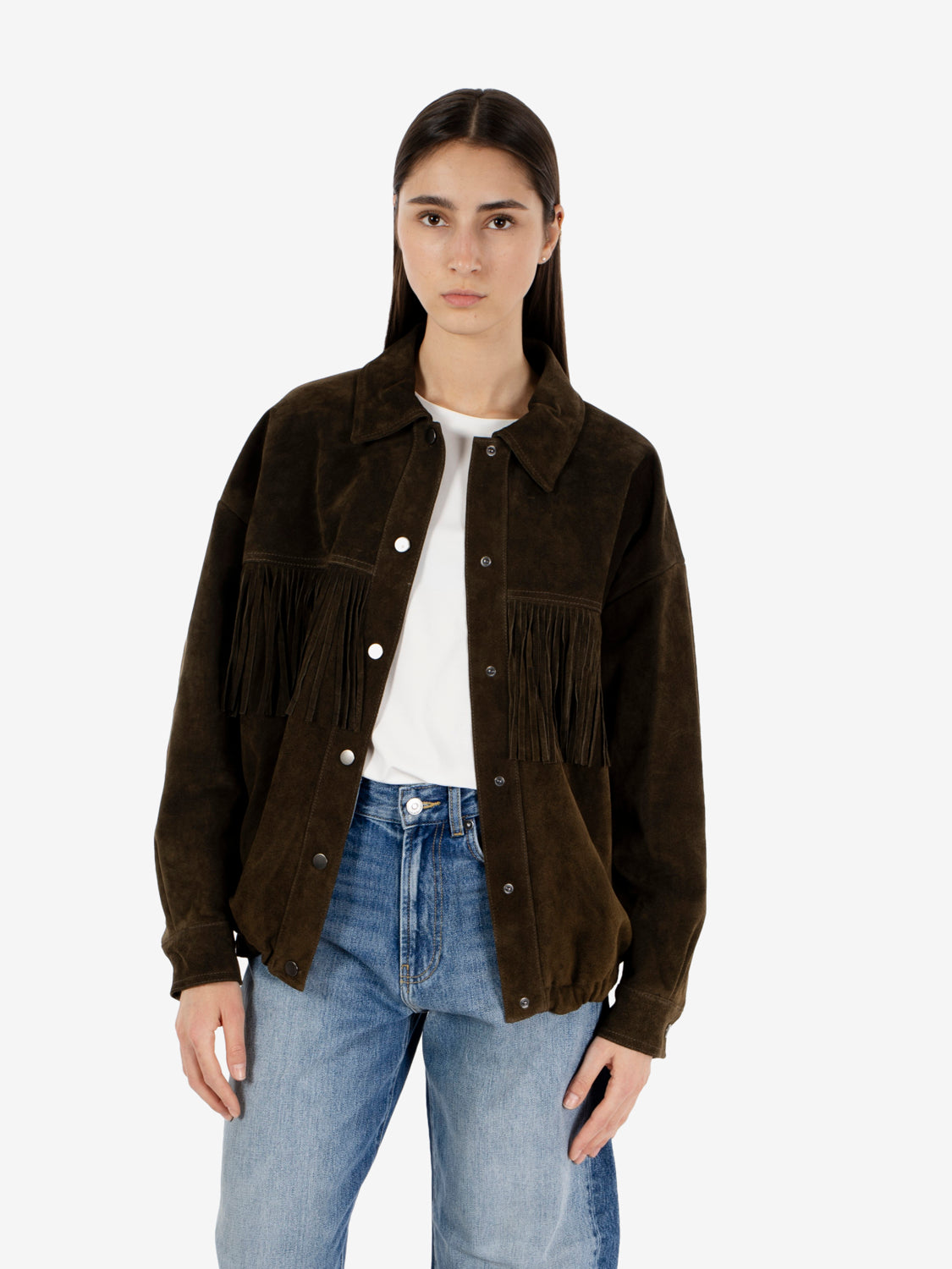 Bomber con frange in suede verde
