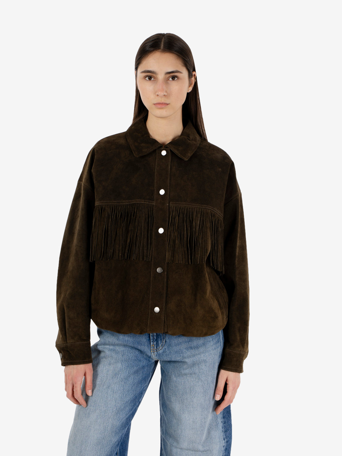 Bomber con frange in suede verde