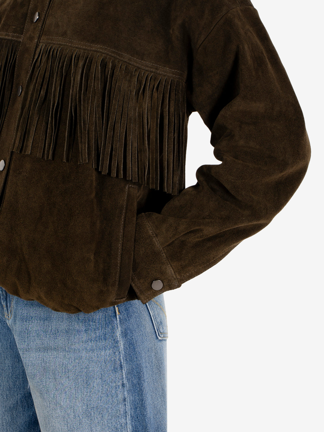 Bomber con frange in suede verde