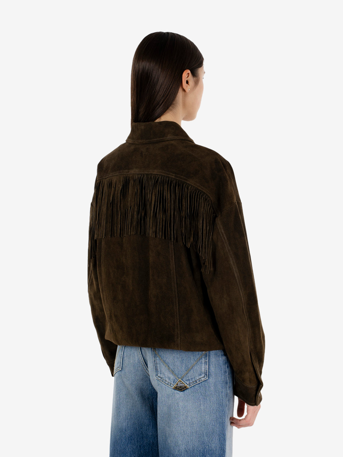 Bomber con frange in suede verde