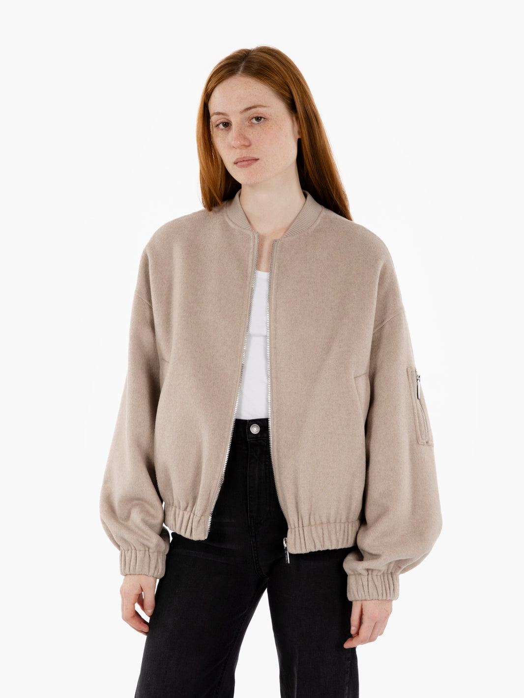 Beige wool blend bomber jacket