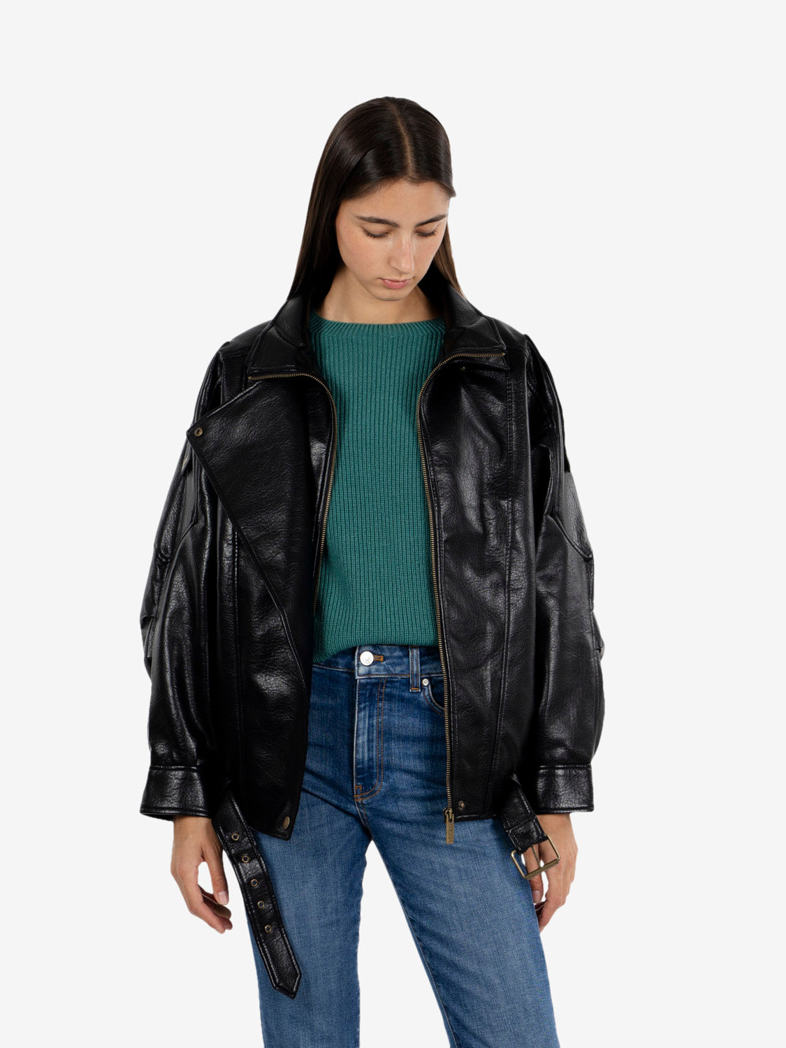 Black faux leather bomber jacket