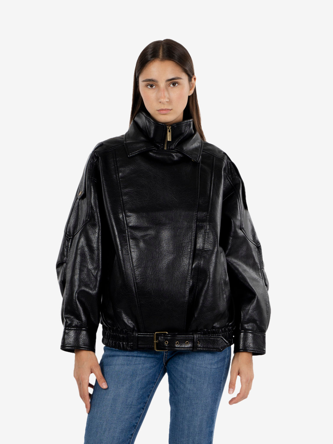 Black faux leather bomber jacket