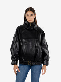 Black faux leather bomber jacket