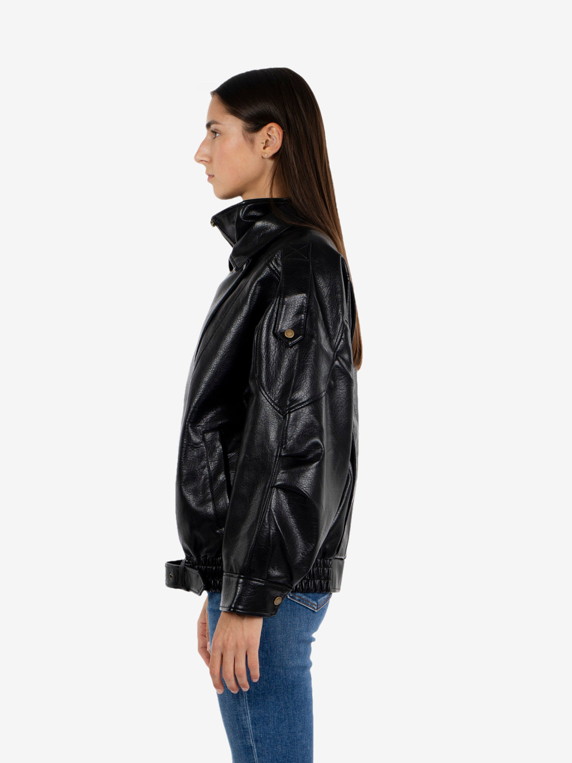 Black faux leather bomber jacket