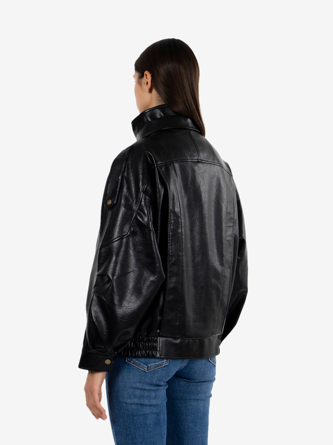 Black faux leather bomber jacket