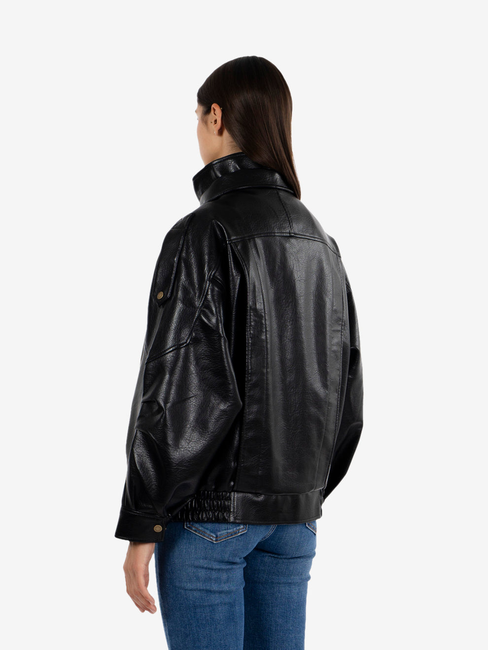 Black faux leather bomber jacket