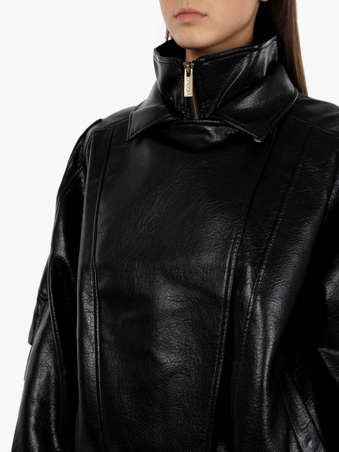 Black faux leather bomber jacket