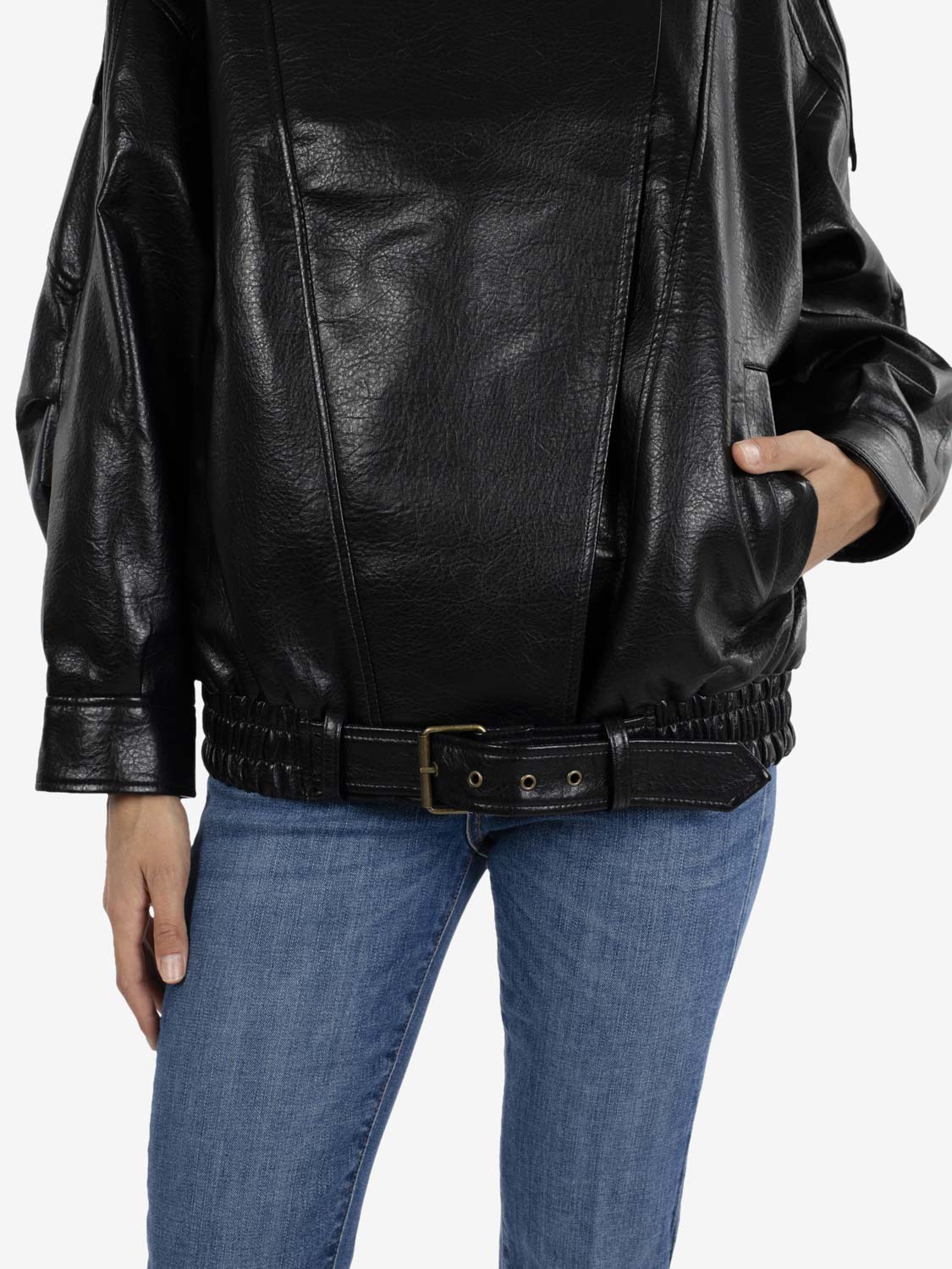 Black faux leather bomber jacket