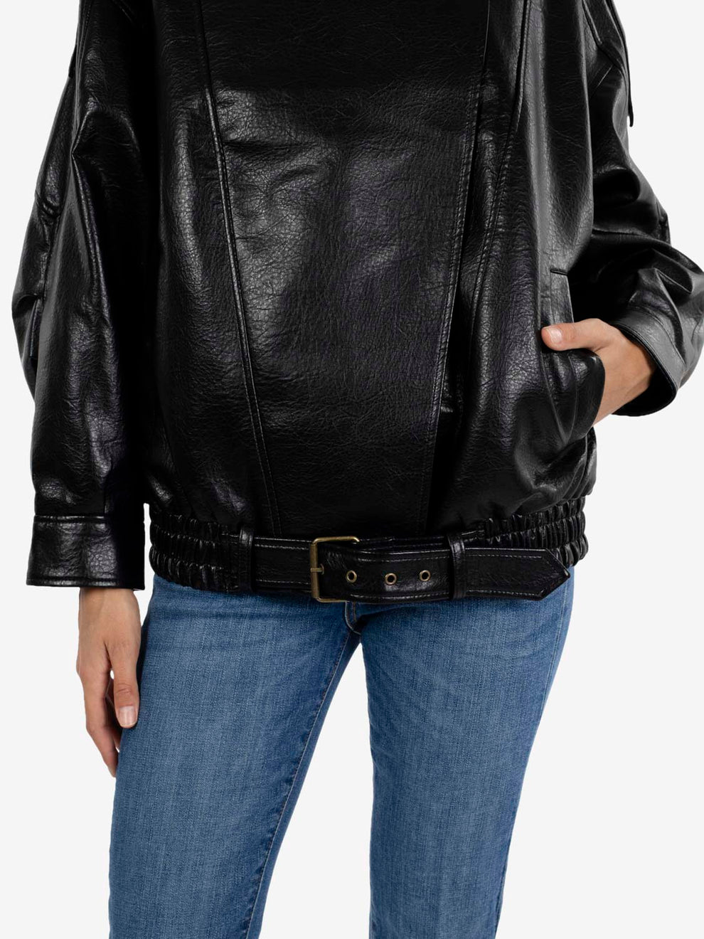Black faux leather bomber jacket