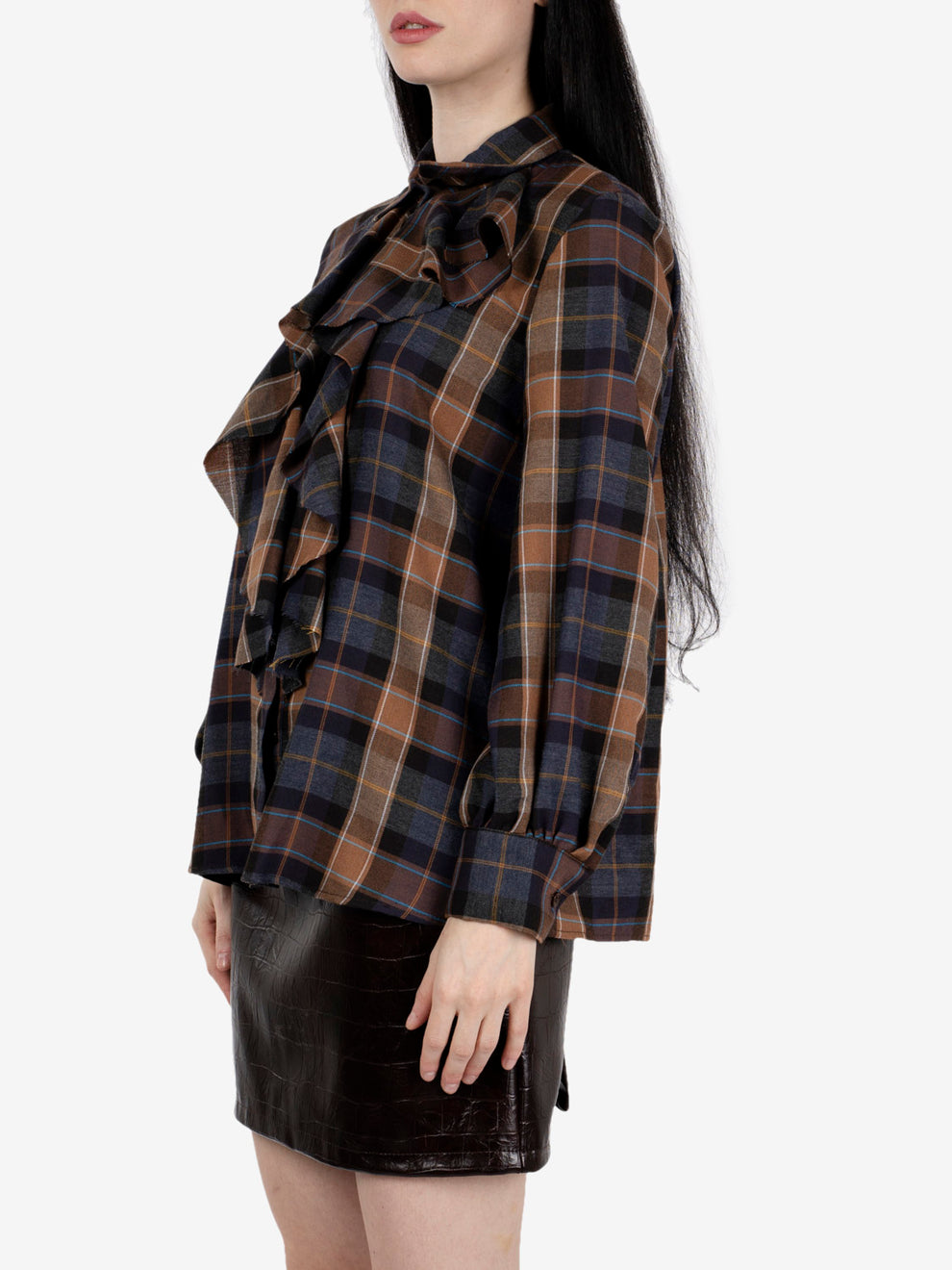 Tobacco checked shirt with ruffles