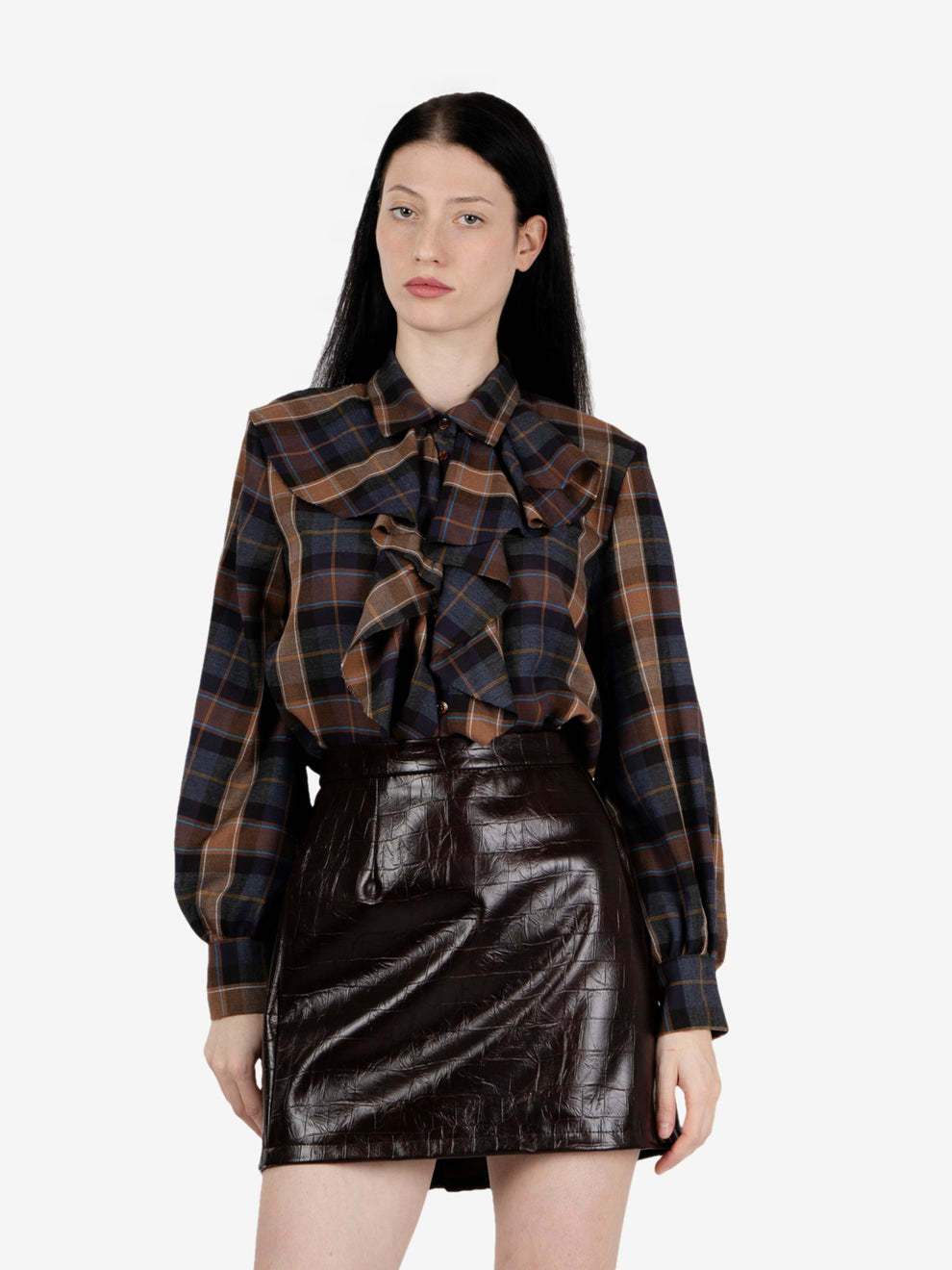 Tobacco checked shirt with ruffles