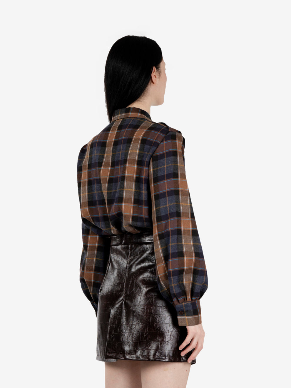 Tobacco checked shirt with ruffles