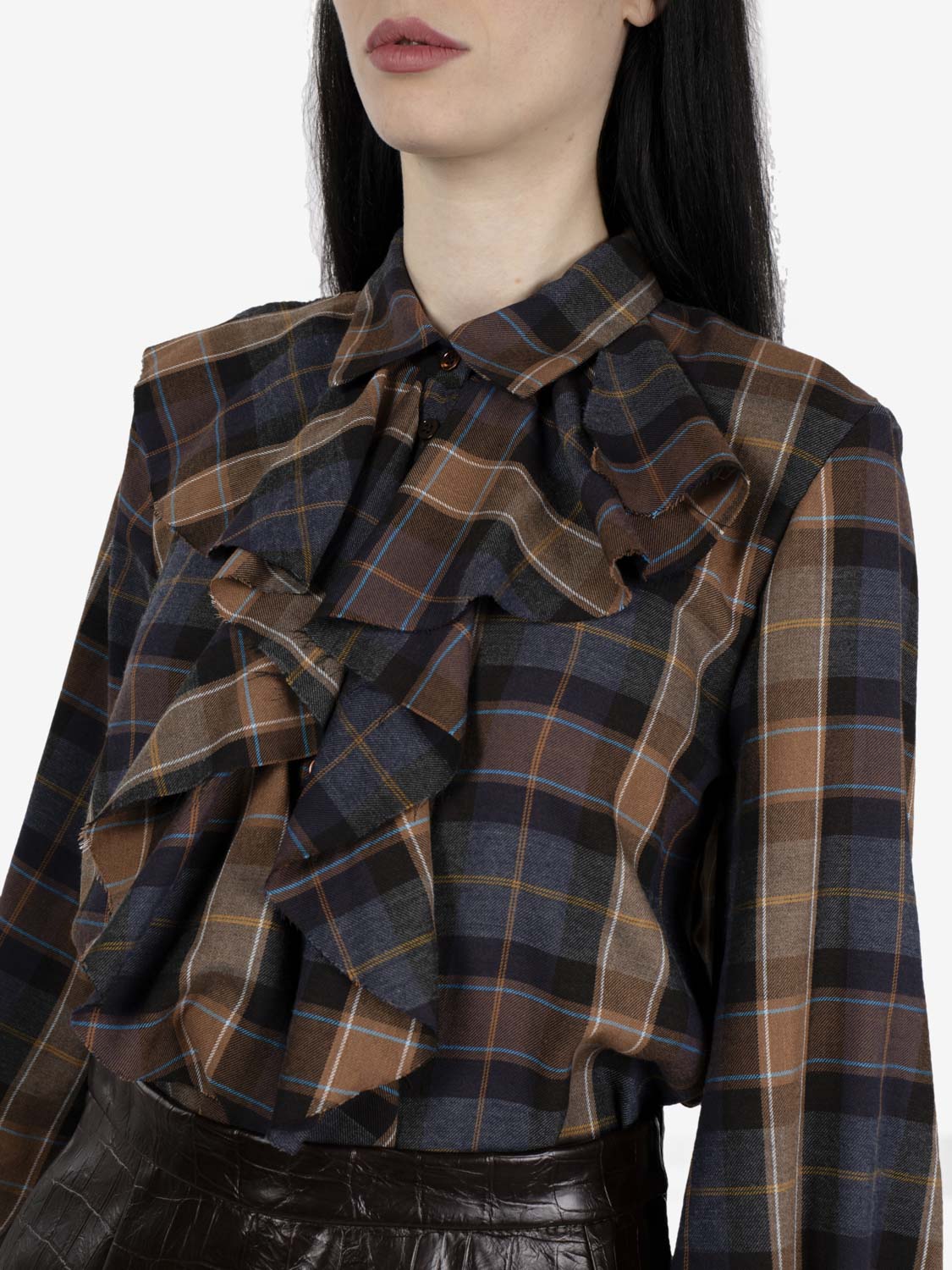 Tobacco checked shirt with ruffles