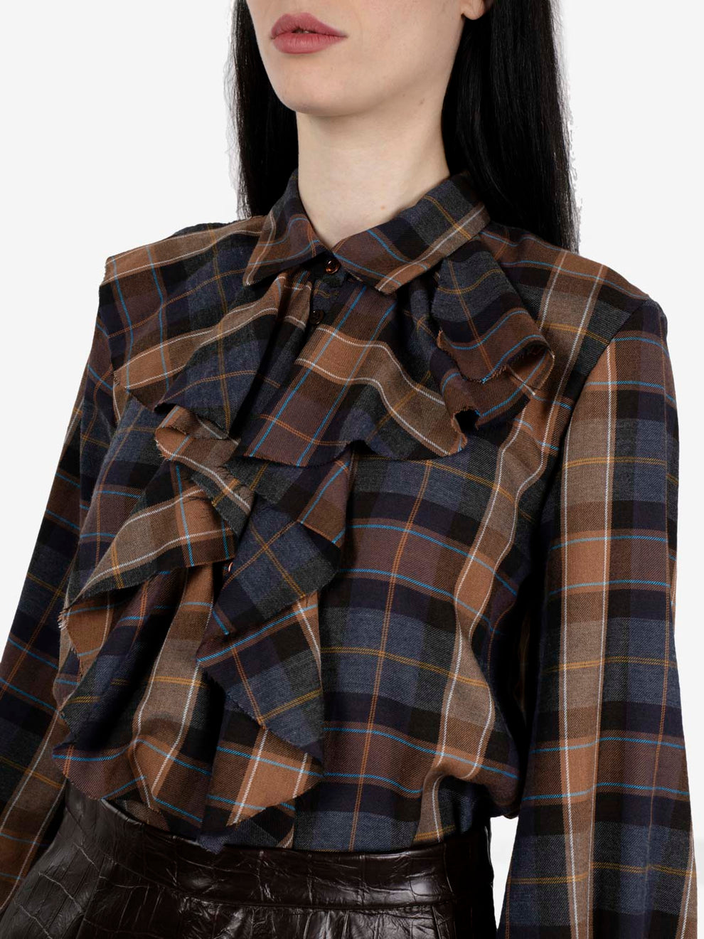 Tobacco checked shirt with ruffles