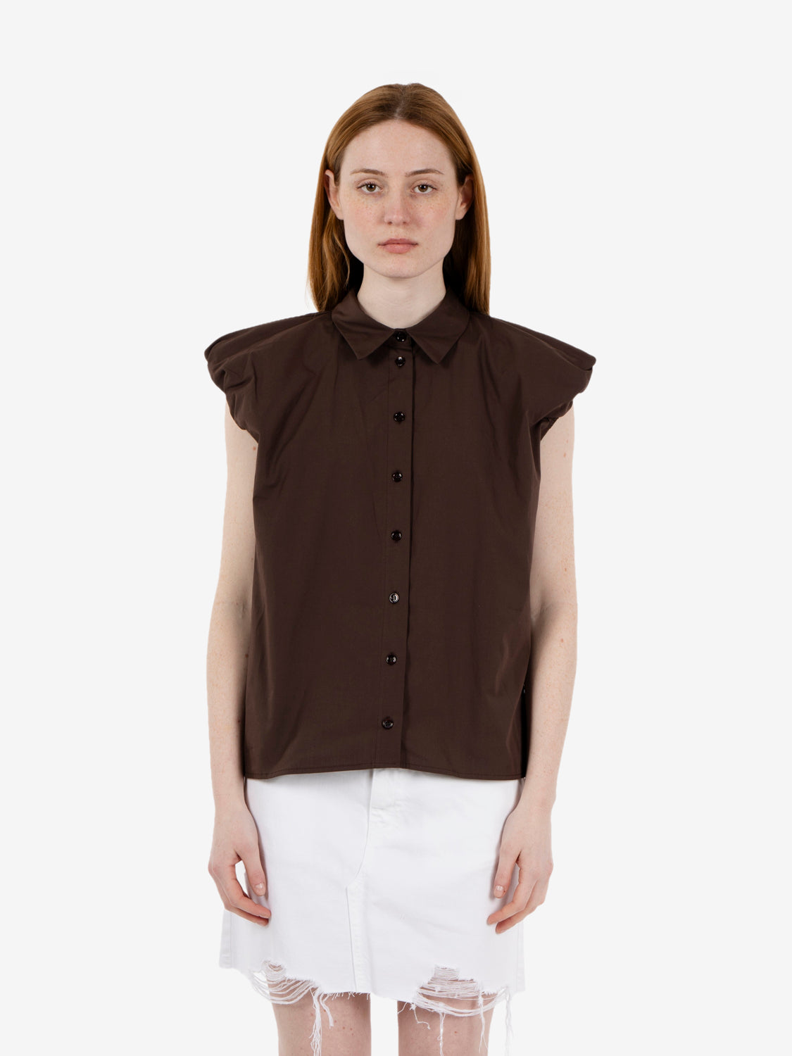 Brown shirred-sleeve shirt