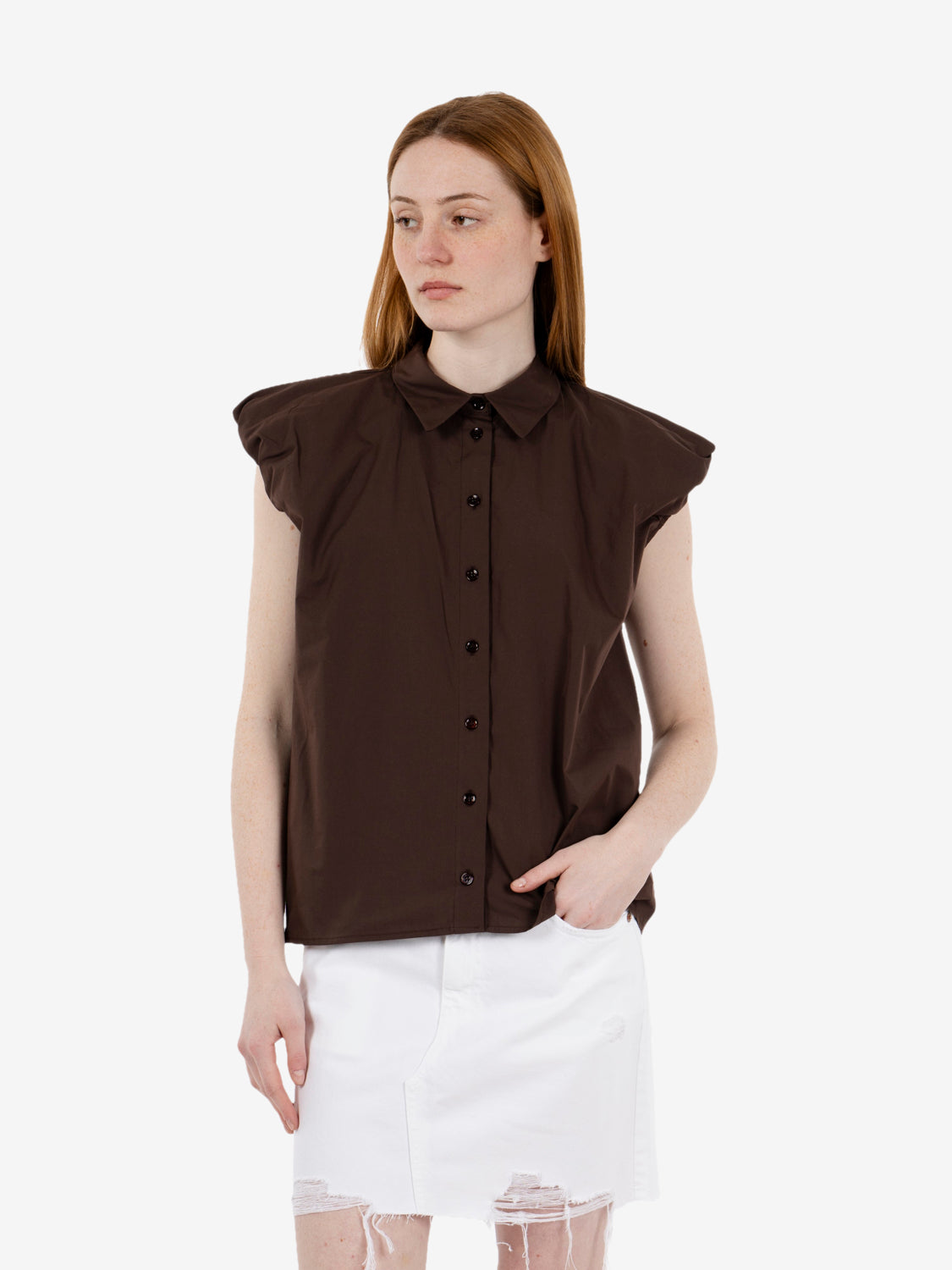Brown shirred-sleeve shirt
