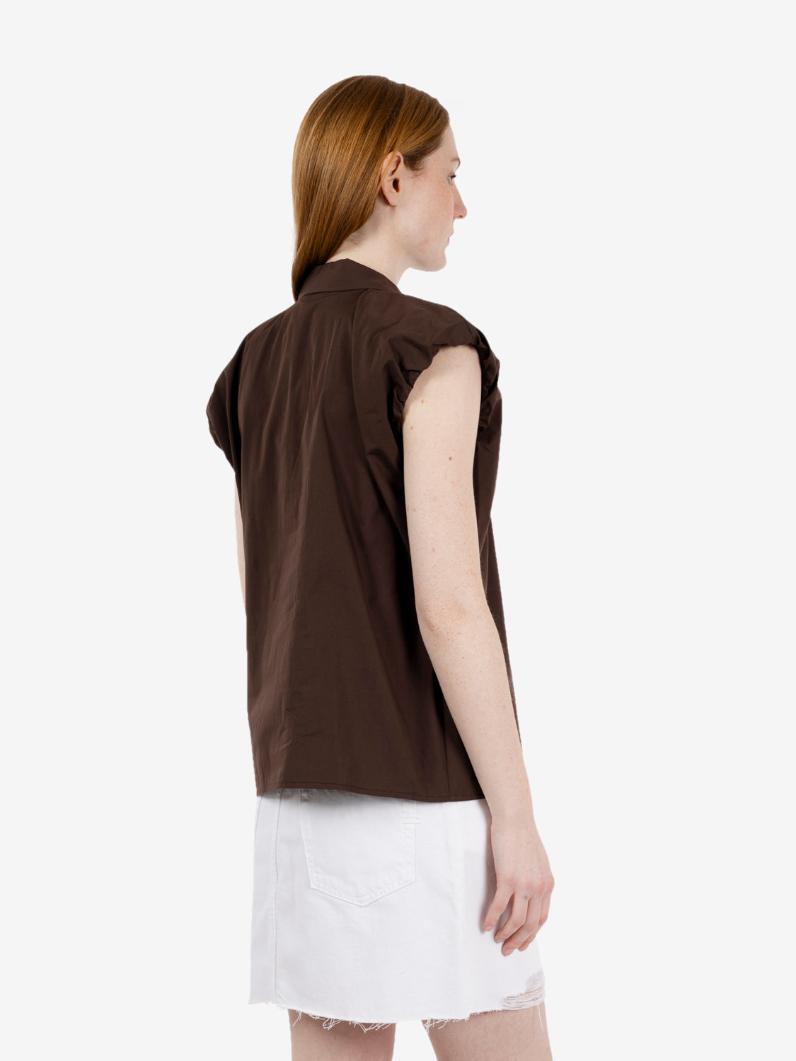 Brown shirred-sleeve shirt