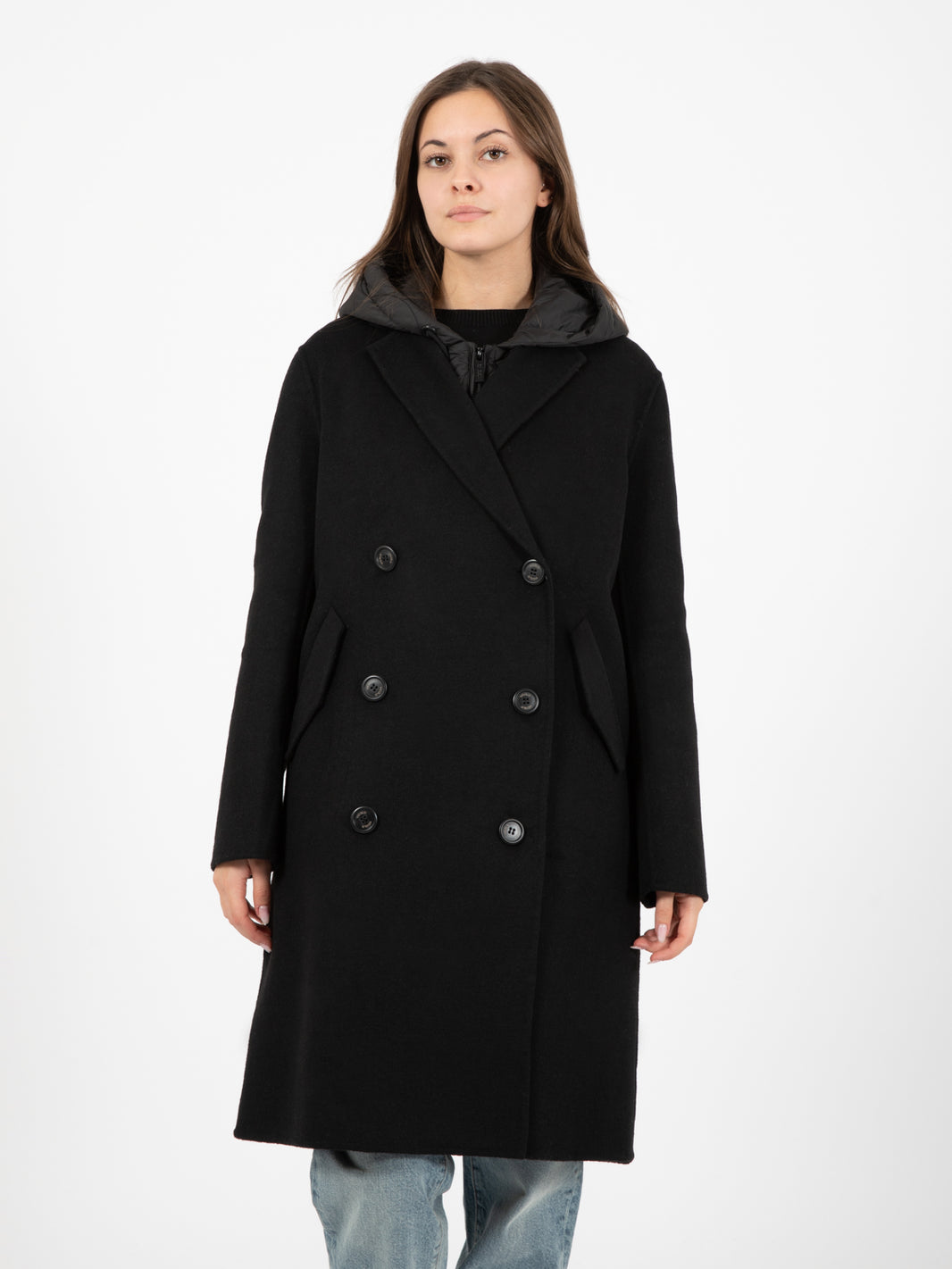 Cappotto doppiopetto con gilet piuma nero
