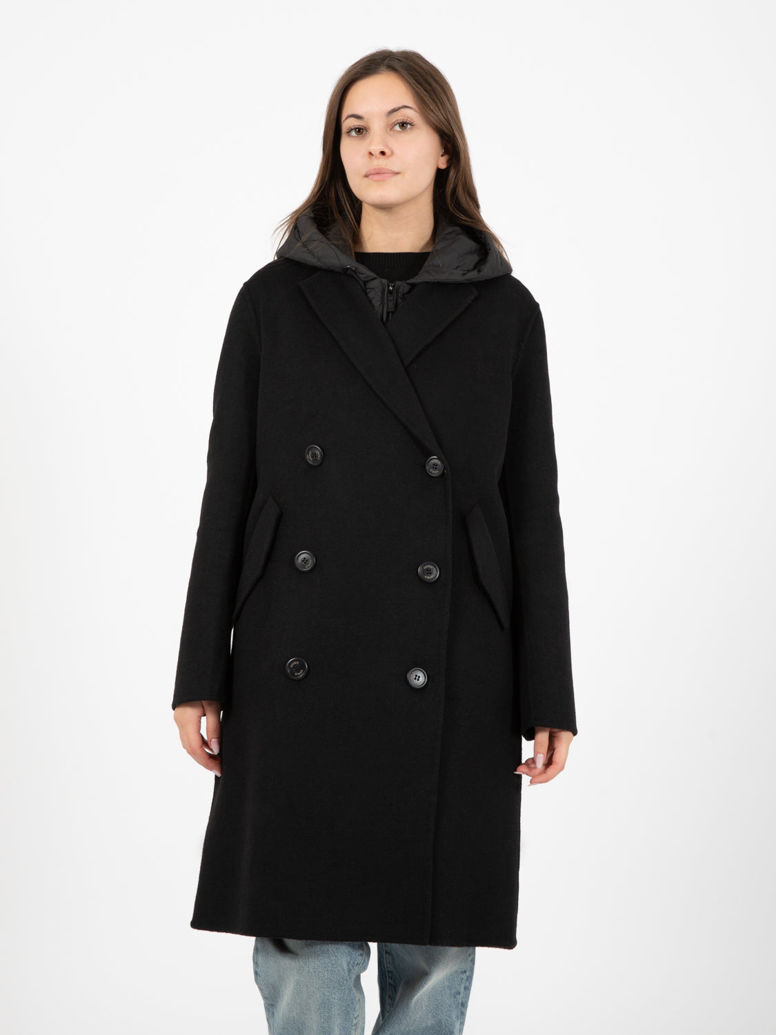 Cappotto doppiopetto con gilet piuma nero