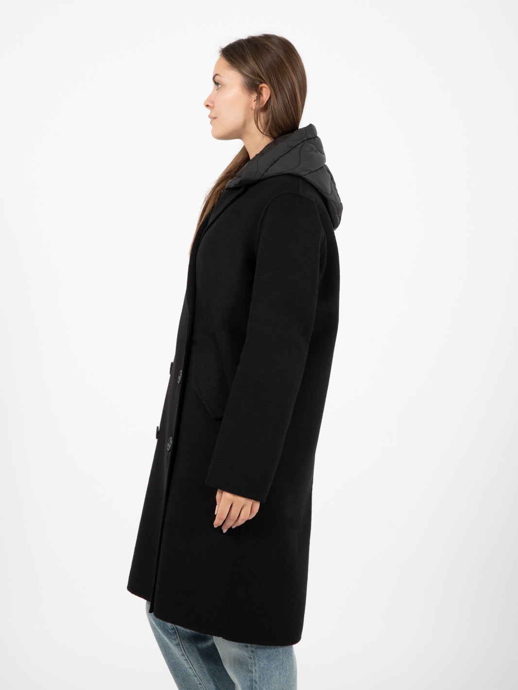 Cappotto doppiopetto con gilet piuma nero